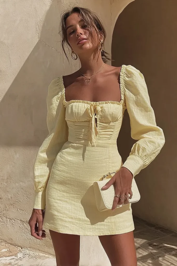 Trendy lemon spring dress outfits, soft yellow linen-look dress with gathered square bodice and bell cuff sleeves, accessorized with gold necklaces and cream bag for effortless elegance