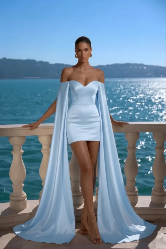 Chic light blue short wedding guest dress, satin mini with corset-style and cape sleeves, accessorized with gold hoops and strappy sandals for luxury wedding look