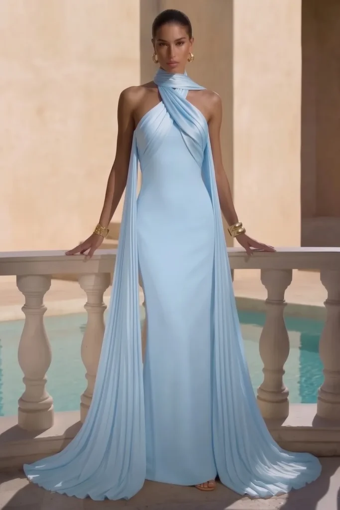 Elegant light blue elegant wedding guest dress, halter neckline with draping and flowing cape sleeves, styled with gold jewelry for wedding aesthetic