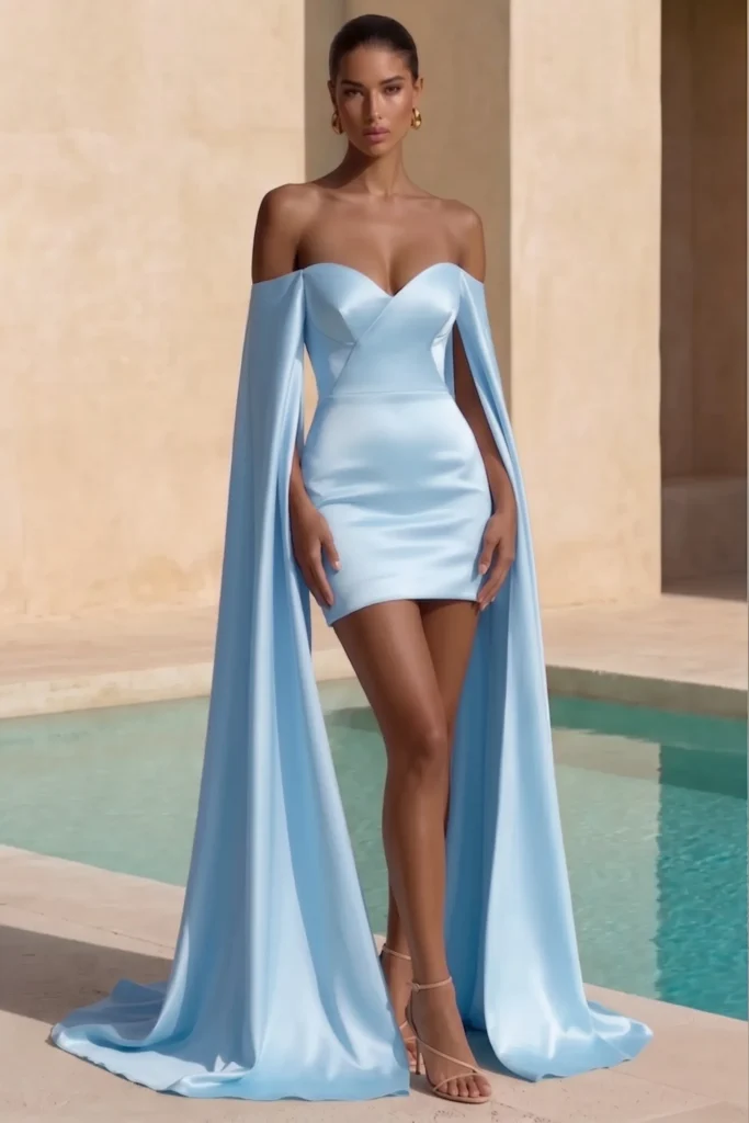 Elegant light blue short wedding guest dress, fitted satin dress, and flowing cape overlay, styled with statement gold earrings and metallic sandals for sophisticated cocktail aesthetic
