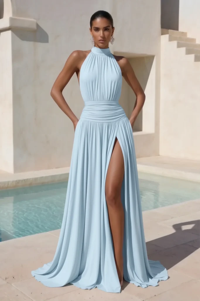 Light Blue Classy Wedding Guest Dress, blue halter neck ruched maxi gown with a cinched waist and flowing A-line skirt, crystal earrings, effortlessly glamorous wedding fashion