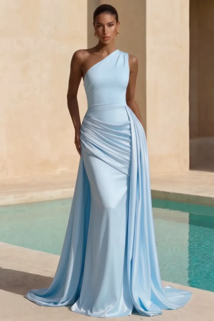 Light blue beach wedding guest dress, sleeveless V-neckline with gathered bodice and flowing floor-length mermaid skirt, accessorized with earrings and bracelet for glamorous elegance