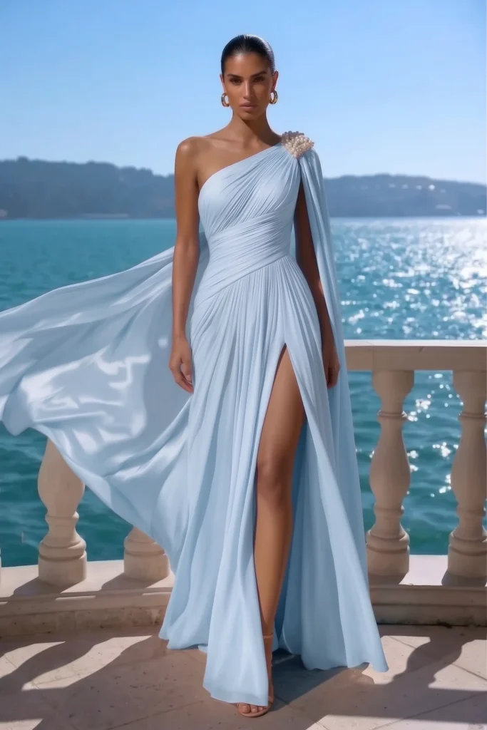 Light blue formal wedding guest dress, blue one-shoulder ruched maxi gown with a flowing cape sleeve, gorgeous pearl shoulder embellishment, with gold earrings, glamorous coastal wedding style