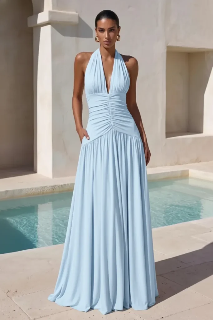 Light blue garden wedding guest dress, V halter neck, gathered waist with center ruching and floor-length pleated skirt, accessorized with gold earrings for sophisticated garden party style