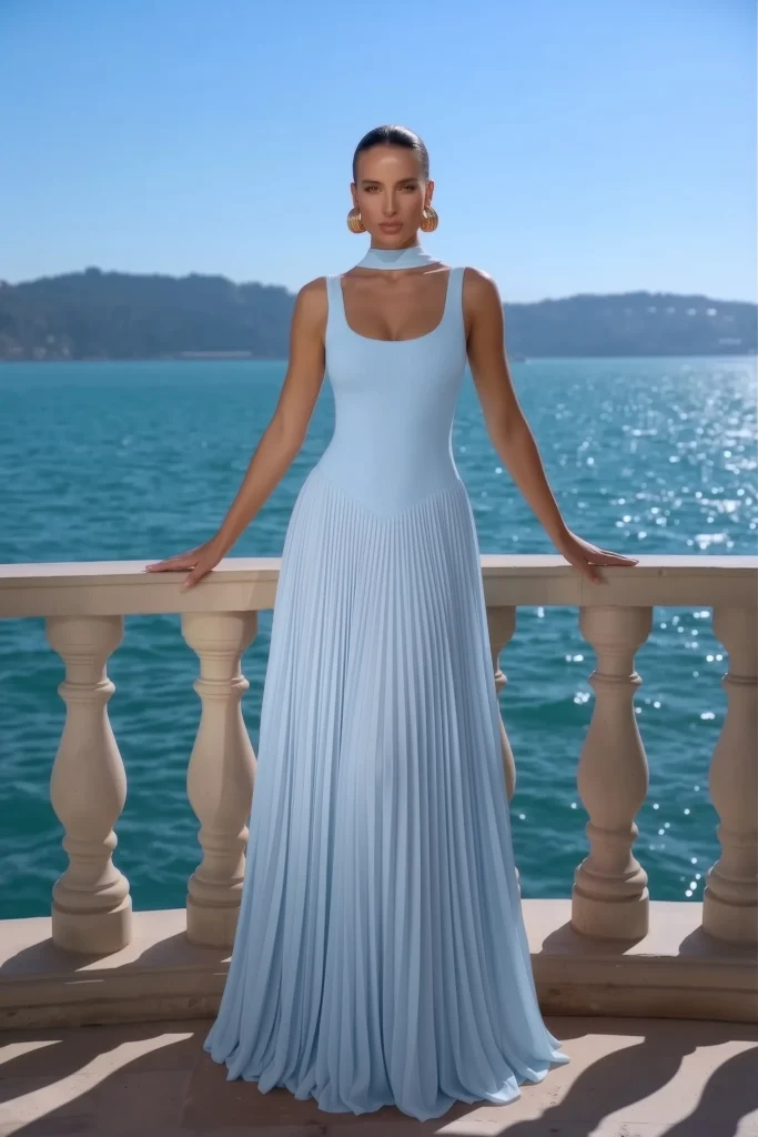 Light blue spring wedding guest dress, blue sleeveless scoop neck maxi gown, breathtaking pleated A-line skirt, finished with gold hoop earrings, effortlessly chic oceanside wedding style