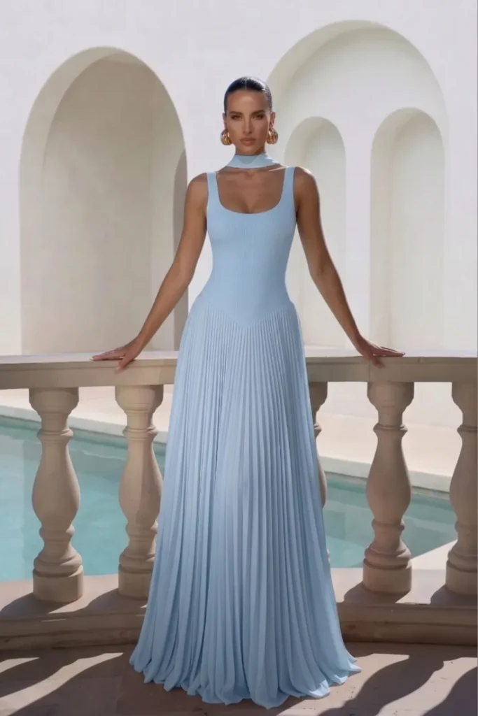 Light blue spring wedding guest dress, dreamy blue sleeveless floor-length dress with a gorgeous fitted bodice, elegant halter detail, stunning flowing pleated skirt, elegant coastal wedding fashion