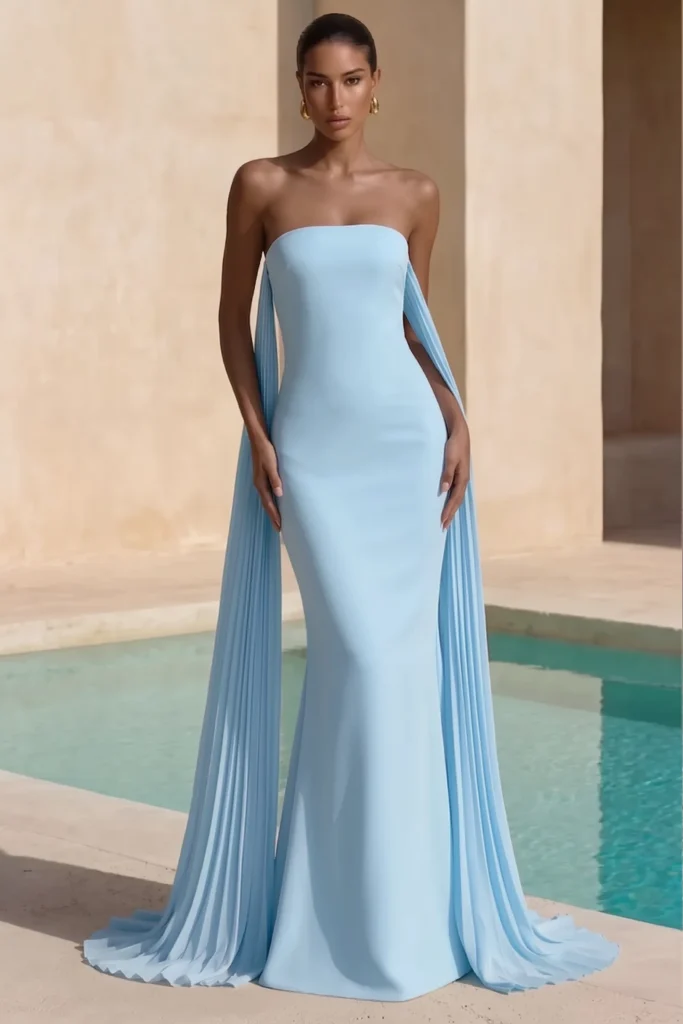Light blue summer wedding guest dress, strapless fitted silhouette with floor-length cape sleeves, accessorized with gold earrings for sophisticated formal poolside elegance