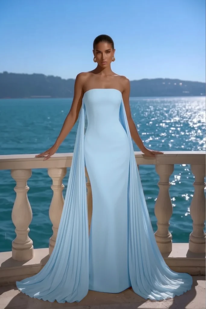 Light blue summer wedding guest dress, strapless fitted silhouette with floor-length pleated cape sleeves, with gold earrings against stunning coastal ocean for sophisticated formal elegance