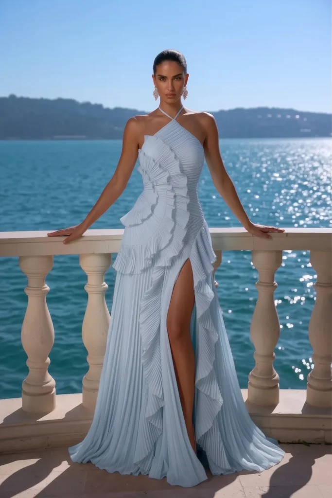 Light blue trendy wedding guest dress, blue halter neck pleated maxi gown with gorgeous cascading ruffle tiers with a gold bracelet and chic earrings breathtaking elegant wedding style