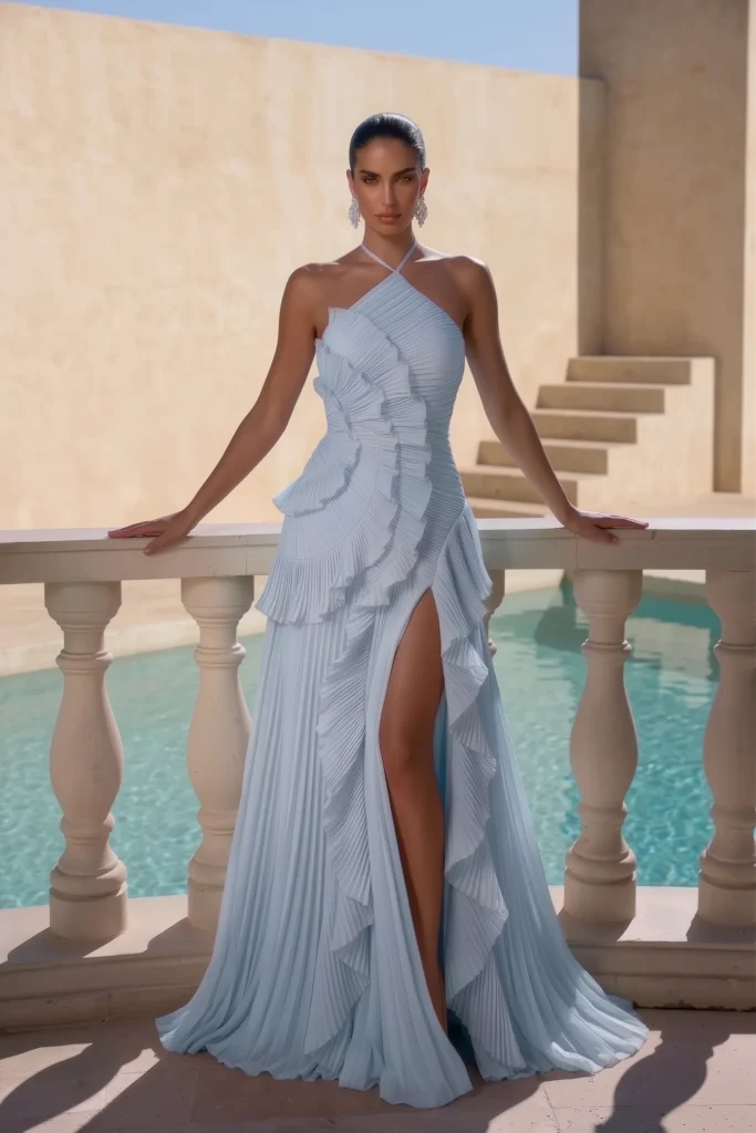 Light blue trendy wedding guest dress, blue pleated halter maxi dress with stunning cascading tiered ruffle, elegantly styled with a statement gold bracelet and earrings, timeless wedding elegance