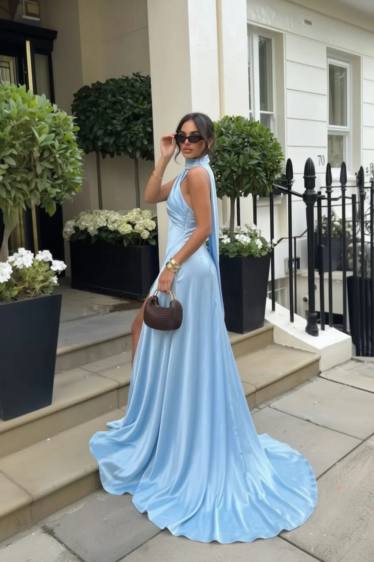 Light blue wedding guest dress, stunning blue satin halter neck maxi gown with a glamorous and elegant train, styled with cat-eye sunglasses, and a chic woven mini bag, breathtaking wedding fashion