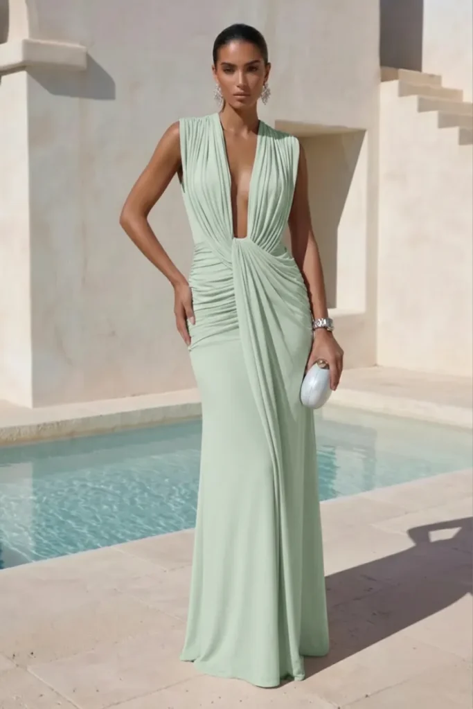 Sage Green Beach Wedding Guest Dress, stunning sleeveless V-neck ruched maxi gown with gorgeous draped detailing, with earrings, and chic white oval clutch, elegant wedding fashion