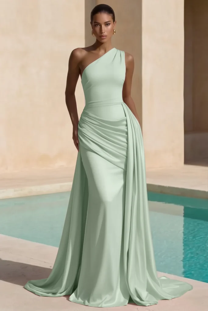 Sage Green Elegant Wedding Guest Dress, one-shoulder satin gown with a draped ruched waist, gorgeous overskirt and sweeping train, gold earrings, timelessly glamorous wedding fashion