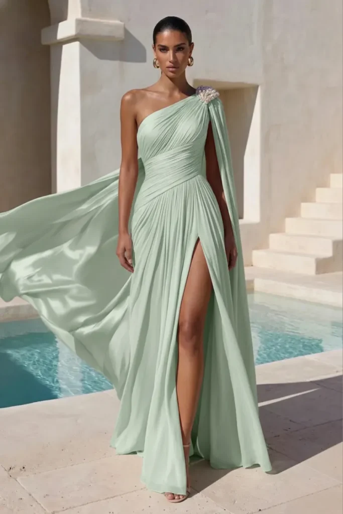 Sage Green Formal Wedding Guest Dress, one-shoulder ruched maxi gown with a flowing cape, gorgeous crystal floral shoulder brooch and gold earrings, strappy heels, elegant wedding fashion