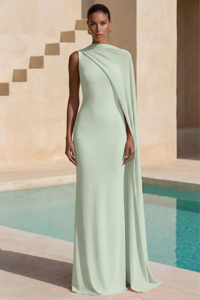 Sage Green Pastel Wedding Guest Dress, stunning sleeveless high neck column maxi gown with a cape flowing elegantly to the floor, gold earrings, timelessly glamorous and sophisticated wedding fashion
