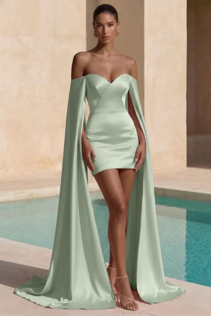 Sage Green Short Wedding Guest Dress, stunning satin strapless sweetheart mini dress with floor-length cape sleeves, gold hoop earrings and strappy heels, breathtakingly glamorous wedding fashion