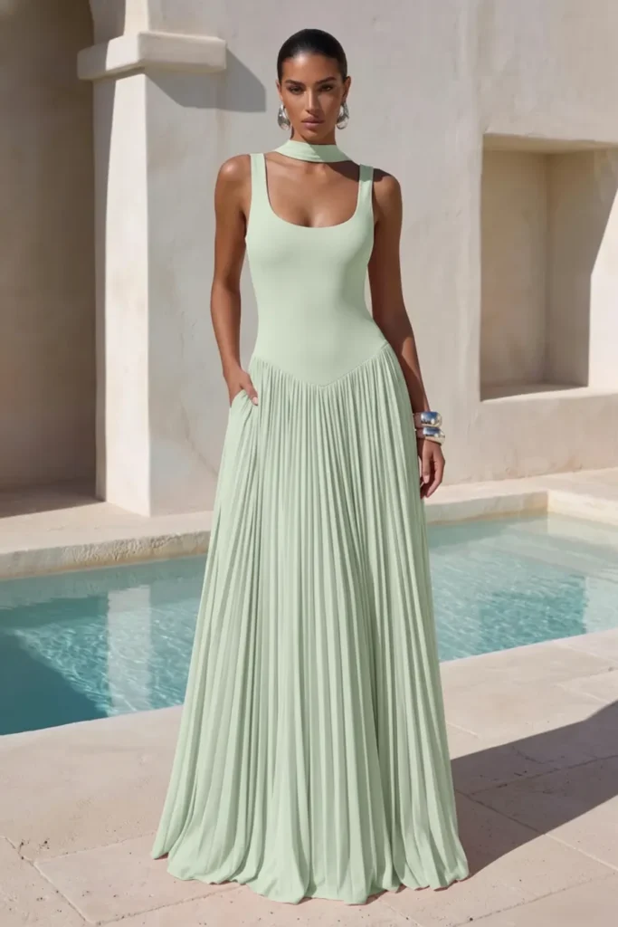 Sage Green Spring Wedding Guest Dress, sleeveless maxi gown, fitted bodice, flowing pleated A-line skirt, with silver bangles and crystal earrings, effortlessly glamorous wedding fashion
