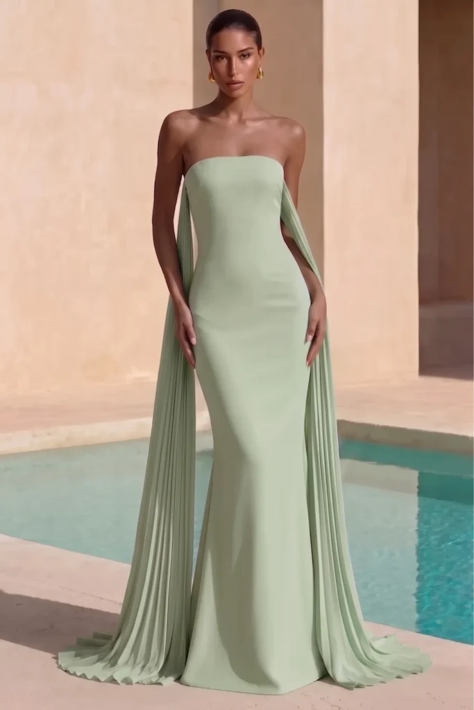 Sage Green Summer Wedding Guest Dress, dreamy strapless sleek floor-length gown with a pleated cape detail and beautifully silhouette, with elegant gold earrings, sophisticated wedding style