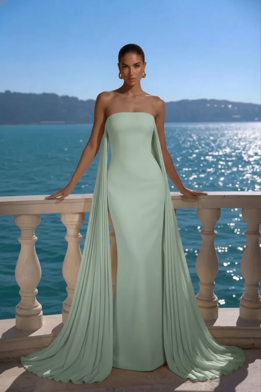 Sage Green Summer Wedding Guest Dress, stunning strapless column maxi gown with a pleated cape draping elegantly to the floor, with chic gold hoop earrings, timelessly glamorous wedding fashion