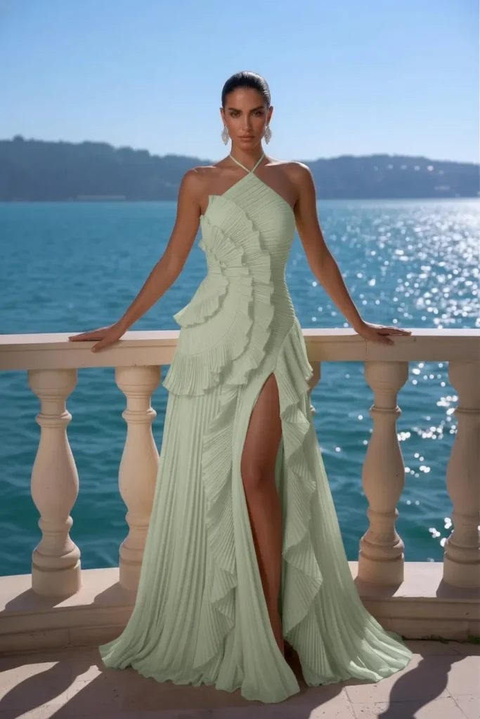 Sage Green Trendy Wedding Guest Dress, sage halter neck pleated maxi gown with cascading ruffle tiers, and elegant sweeping train, crystal drop earrings, chic coastal wedding fashion