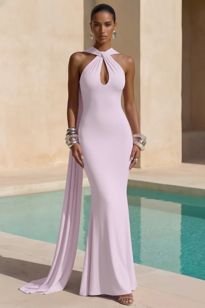 Elegant lilac cocktail wedding guest dress, twist-knot halter keyhole cutout neckline, column silhouette, floor-length cape detail, silver bangles, sophisticated summer wedding guest outfit.