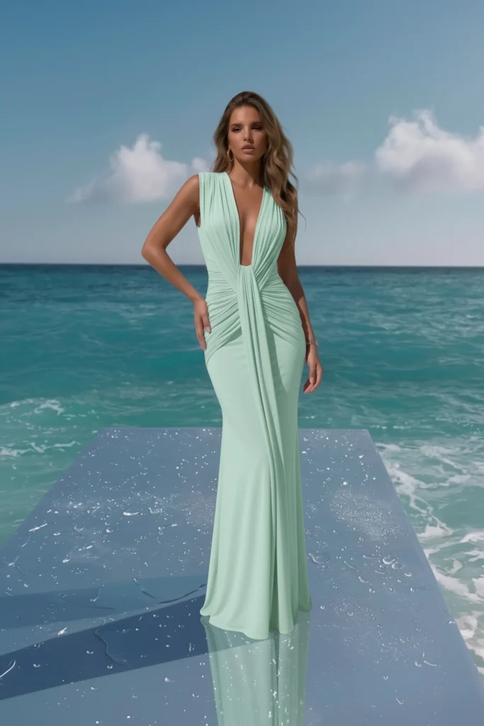 Elegant mint green beach wedding guest dress, V-neckline, all-over ruched gathering cinched twist-front waist, mermaid silhouette, breathtaking and editorial-inspired seaside wedding guest look