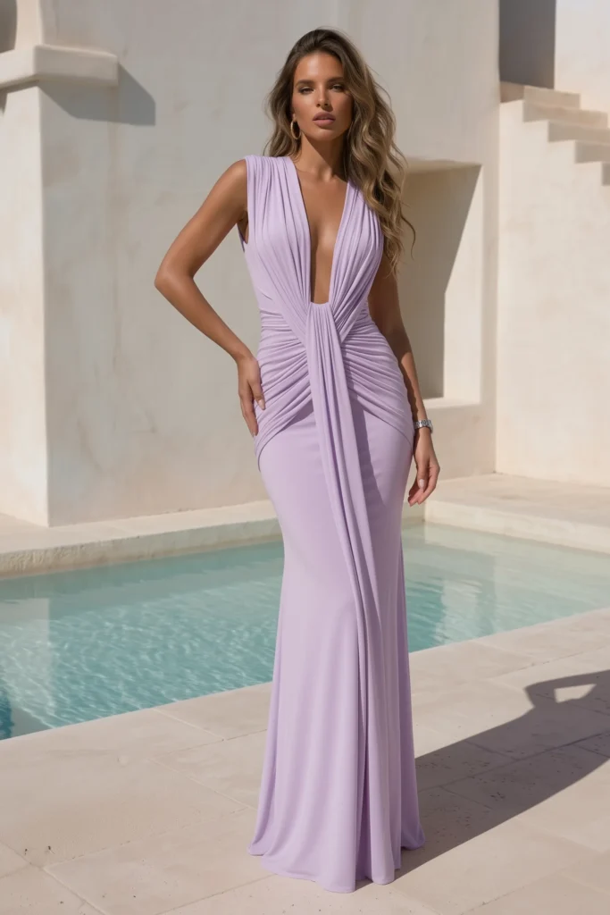 Lilac beach wedding guest dress, V-neck ruched mermaid maxi gown with a gathered twist-front waist and  floor-length skirt, styled with gold  earrings