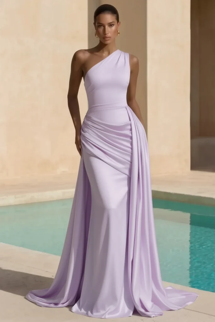 Lilac elegant wedding guest dress in a sleek one-shoulder satin maxi gown with a gathered draped  panel and floor-length skirt, styled with gold earrings, breathtakingly occasion look.
