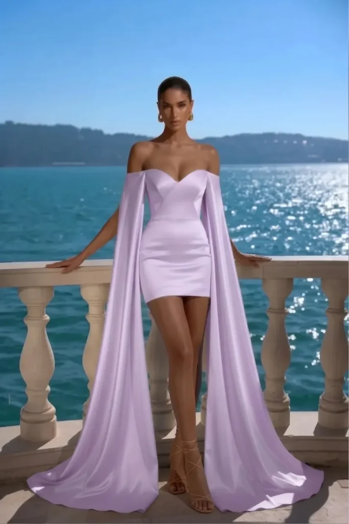 Lilac short wedding guest dress, off shoulder cape sleeves and a sweetheart neckline, styled in a fitted mini silhouette, glamorous wedding guest look perfect for a summer or destination wedding.