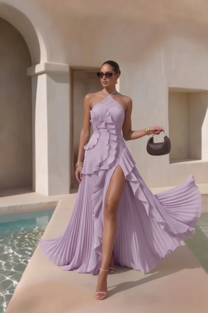 Lilac trendy wedding guest dress in a halter neck pleated fan ruffle maxi gown with tiered sculptural ruffle bodice and a voluminous pleated skirt, with sunglasses, gold bracelets,mini bag