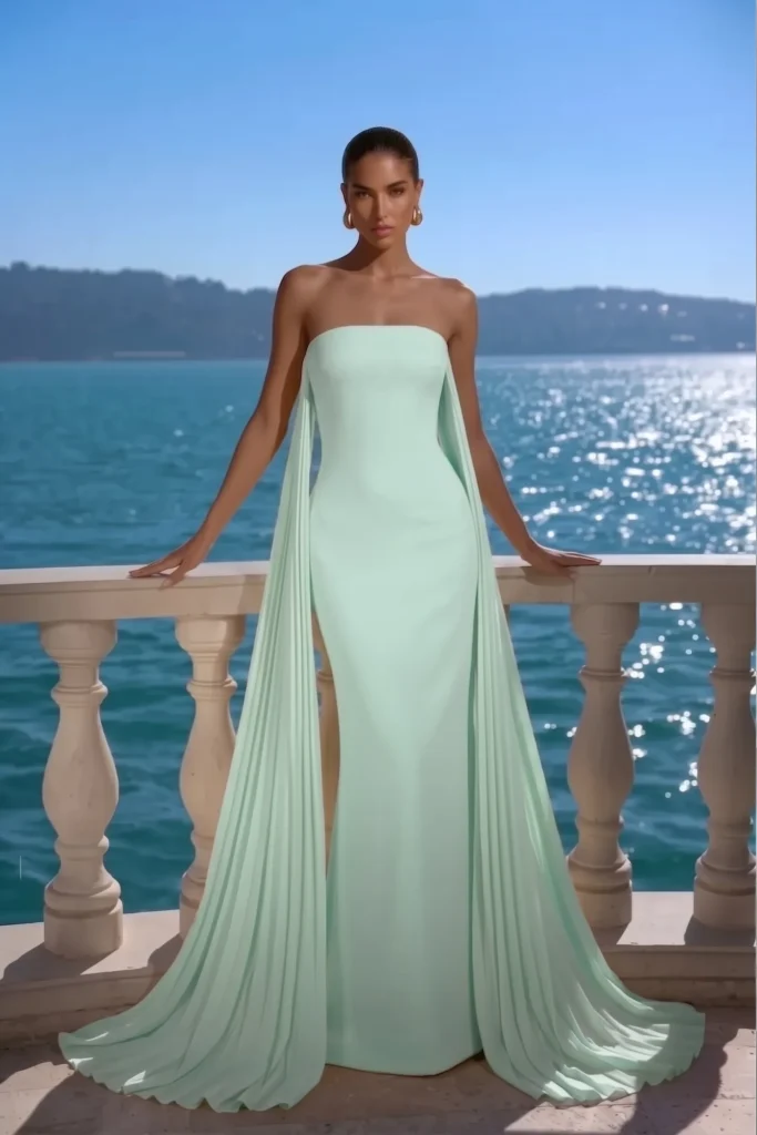 Mint green summer wedding guest dress in a sleek strapless column maxi gown, floor-length pleated cape sleeves, styled with gold earrings, for an effortlessly glamorous seaside occasion look.