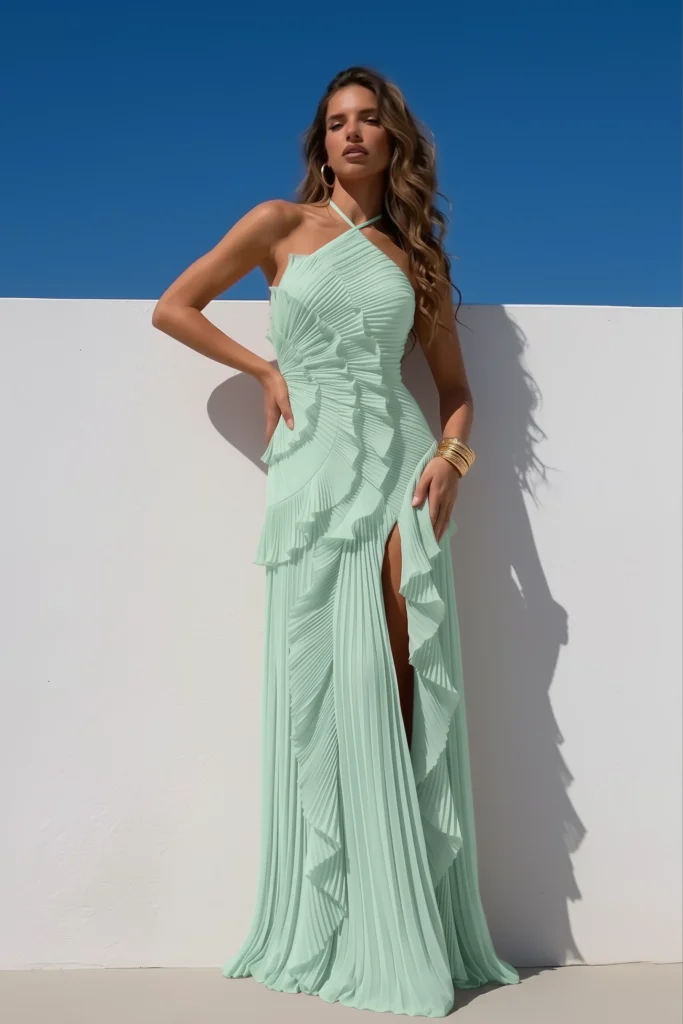 Mint green trendy wedding guest dress with a halter neck, fan-pleated ruffle bodice and cascading tiered pleated skirt, accessorised with gold hoop earrings and stacked gold bangles,