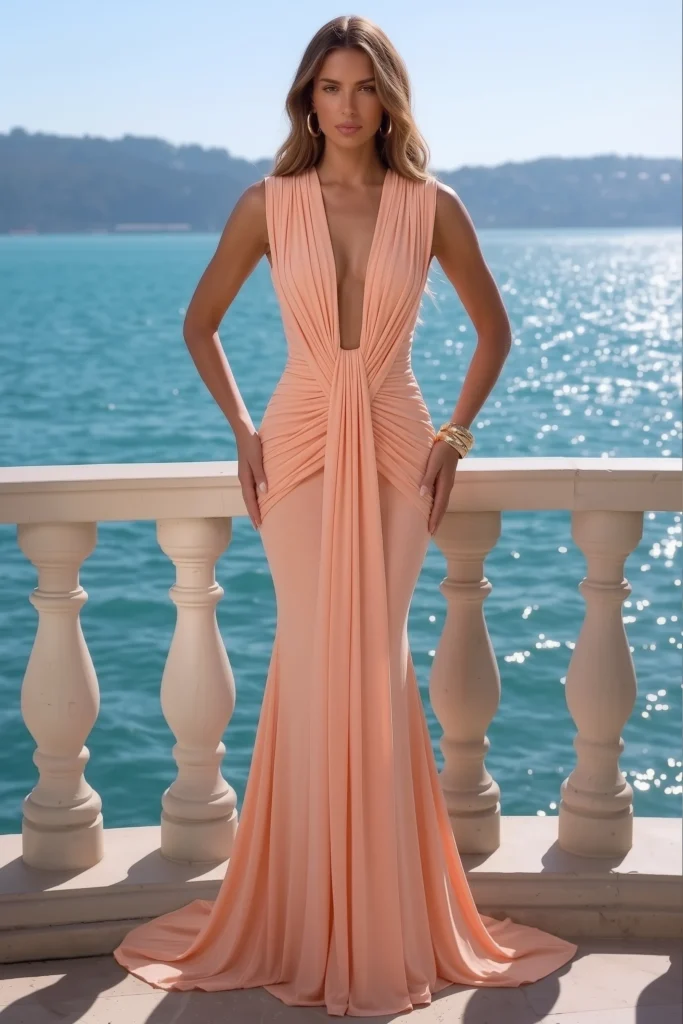 Peach beach wedding guest dress with a ruched V-neckline, maxi silhouette, and styled with gold jewellery for a chic and sophisticated summer wedding guest outfit