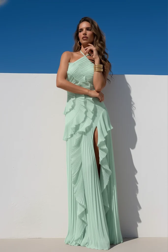 Stunning mint green trendy wedding guest dress, an asymmetric halter neckline, sculptural pleated ruffle detail, flowing floor-length pleated skirt, styled with gold jewellery.