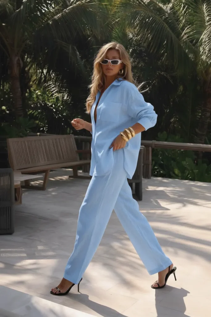 Blue old money summer outfit, blue linen co-ord set, an oversized collared button-down shirt with a chest pocket, wide-leg linen trousers, white sunglasses, gold hoop earrings, black heels