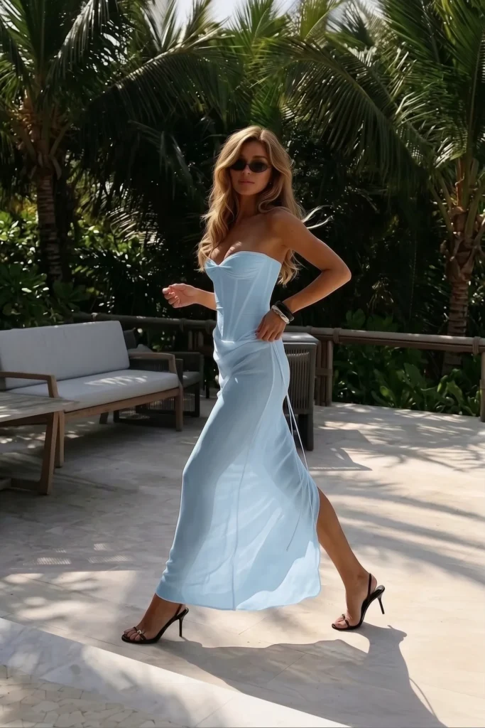 Blue summer dinner outfit, sleek strapless blue corset maxi dress with sweetheart neckline, fitted  bodice, flowing floor-length skirt,  with a silver bracelet, sunglasses and strappy heels