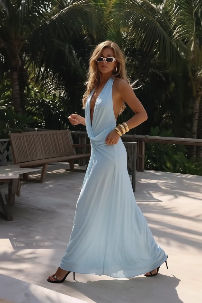 Blue summer night outfit, a plunge halter neck maxi dress in pastel blue with a draped twisted waist detail and a flowing full-length skirt, gold  bracelets, white cat-eye sunglasses, strappy heels