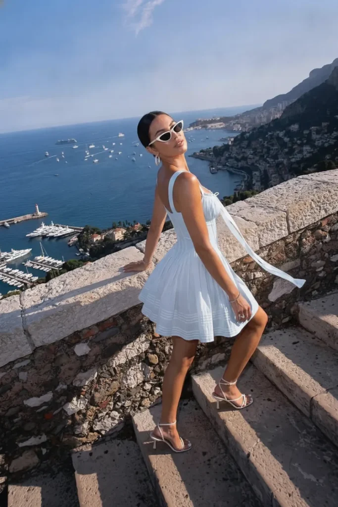 Blue summer party outfit, blue corset-style mini dress with straps, a fitted bodice and a full flowing pleated skirt with a ribbon tie detail, white cat-eye sunglasses, gold earrings and heels