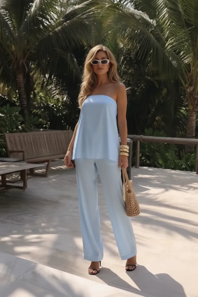 Chic blue brunch outfit summer ensemble, a relaxed strapless blue  top, flowing wide-leg trousers, styled with gold bangles, white sunglasses and a woven straw bucket tote bag