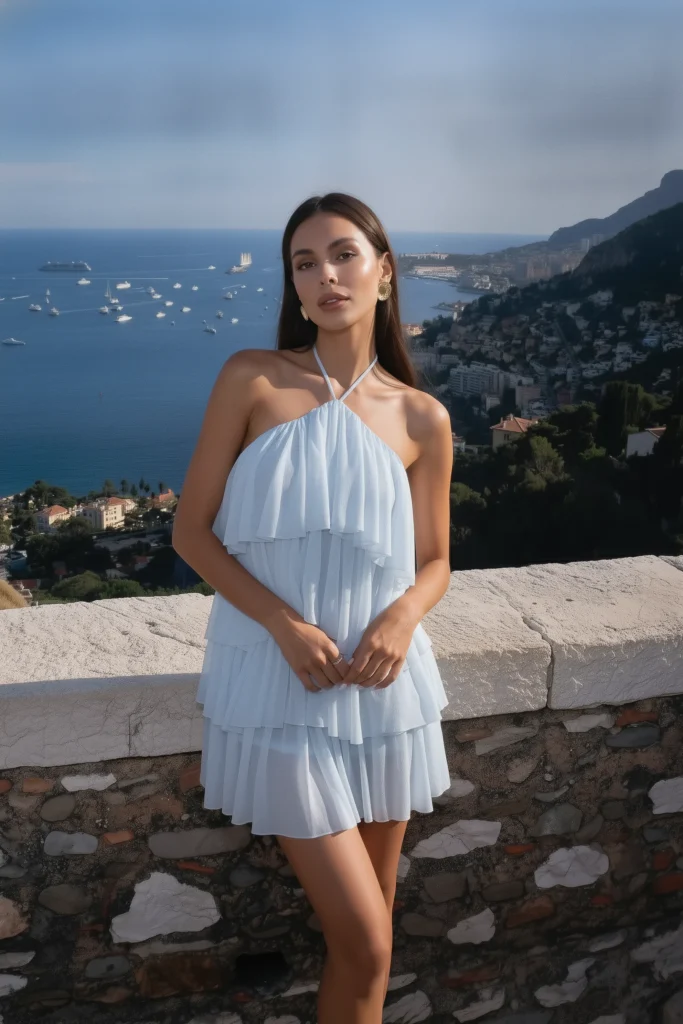 Chic blue summer going out outfit featuring a halter neckline tiered ruffle mini dress in light  blue with cascading chiffon layers, styled with oversized gold  earrings