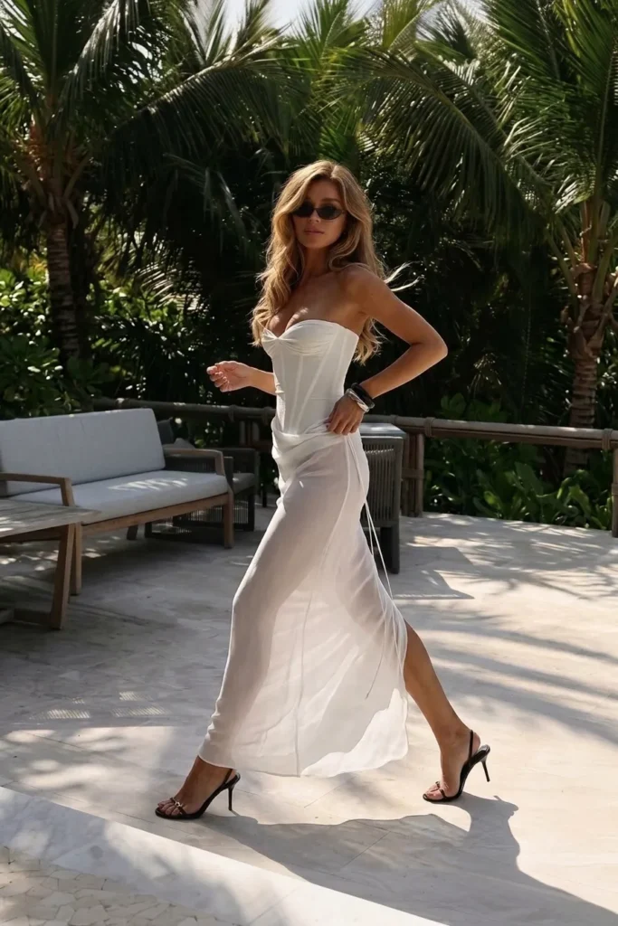 Chic white summer dinner outfit, a strapless gathered corset bodice with a knotted detail and an elegant flowing maxi skirt with a side leg split, styled with black sunglasses and strappy heels