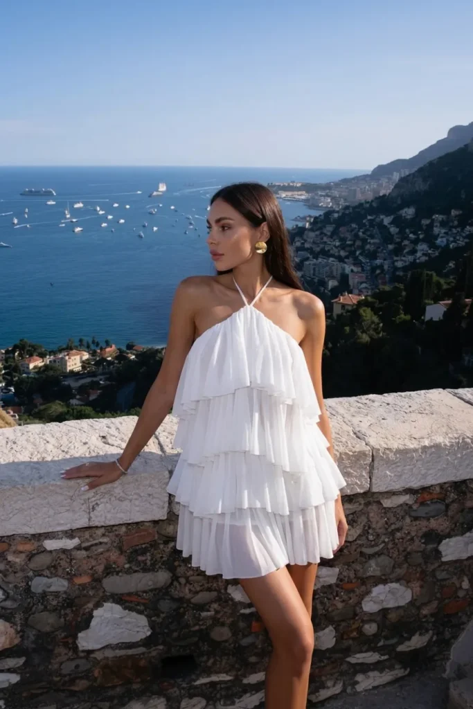 Chic white summer going out outfit, a tiered ruffle halter neck mini dress with a flowing layered chiffon skirt, accessorised with gold earrings, overlooking a stunning Mediterranean coastal town