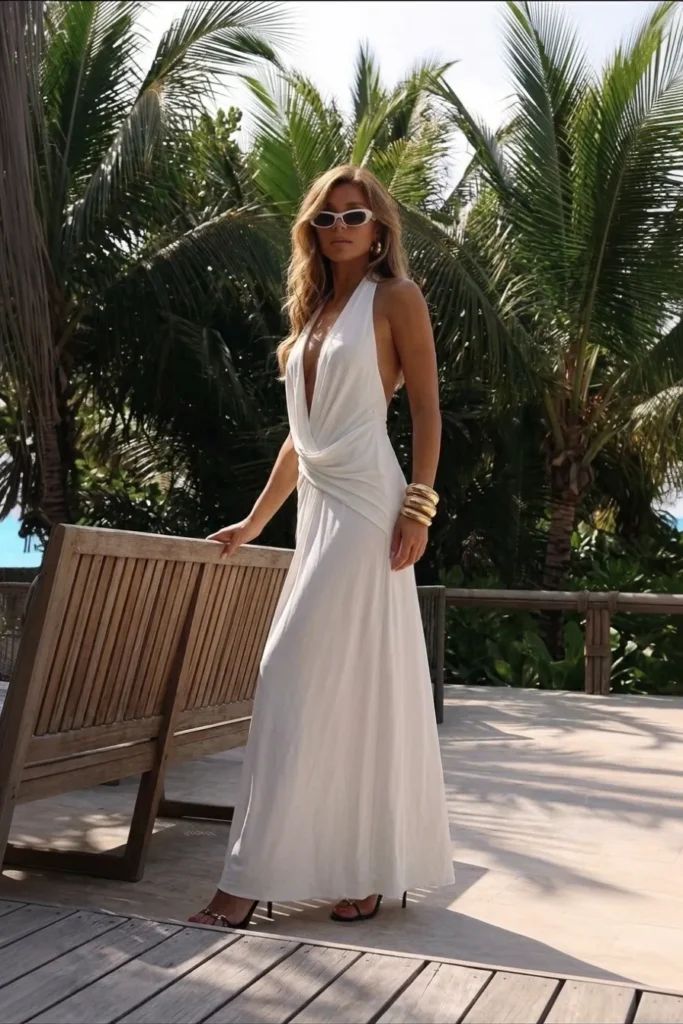 Chic white summer night outfit, V halter neckline, twisted draped waist detail and a flowing floor-length skirt, styled with gold bracelets and black heels and oversized white sunglasses