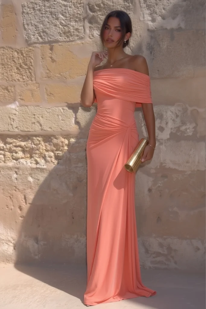 Coral elegant wedding guest dress in an off-the-shoulder ruched style with a knotted waist detail, styled with a gold clutch bag and heels. Perfect for a destination lakeside wedding
