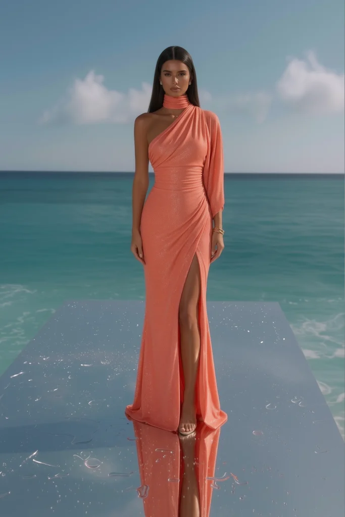 Coral formal wedding guest dress in a one-shoulder asymmetric design, high halter neck, long sleeve, shimmer sequin fabric, ruched fitted waist and floor-length skirt, styled with heels