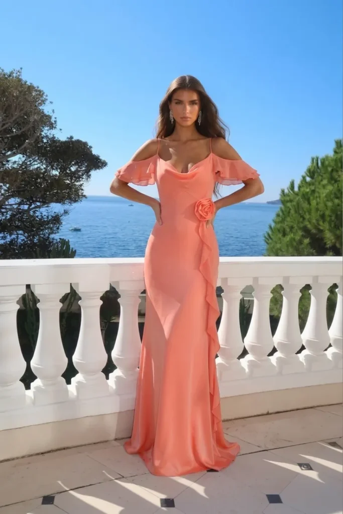 Coral garden wedding guest dress, spaghetti strap cowl neck, rosette flower detail, fluttering ruffle sleeves, elegant floor-length skirt, cascading vertical ruffle, perfect for a summer garden wedding
