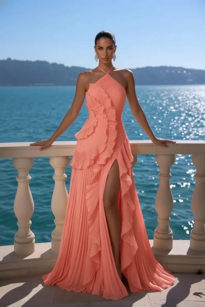 Coral spring wedding guest dress with a crossover halter neckline, pleated ruffle bodice, layered tiered ruffle waist detail and a flowing floor-length pleated skirt, with crystal earrings
