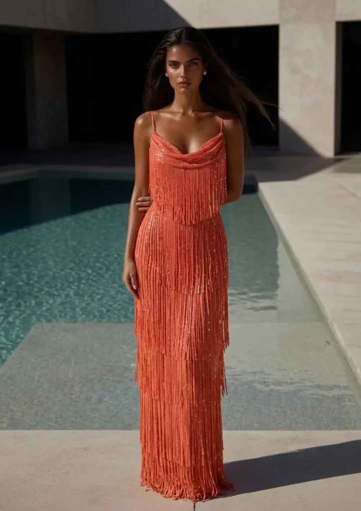 Coral summer wedding guest dress, spaghetti straps, a draped cowl neckline and sequin embellished fringe tassel design cascading, layers to a floor-length hem, accessorised with diamond earrings