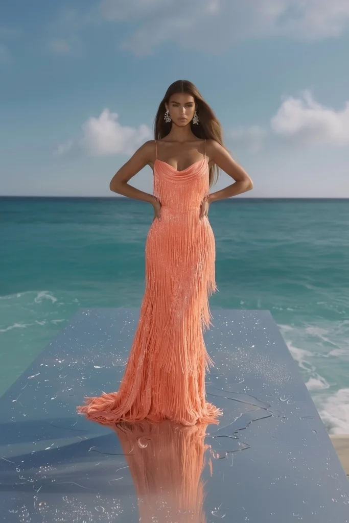 Coral summer wedding guest dress with straps, draped cowl neckline, cascading fringe tassel design flowing to a floor-length mermaid hem with a sweeping fringe train, accessorised with earrings