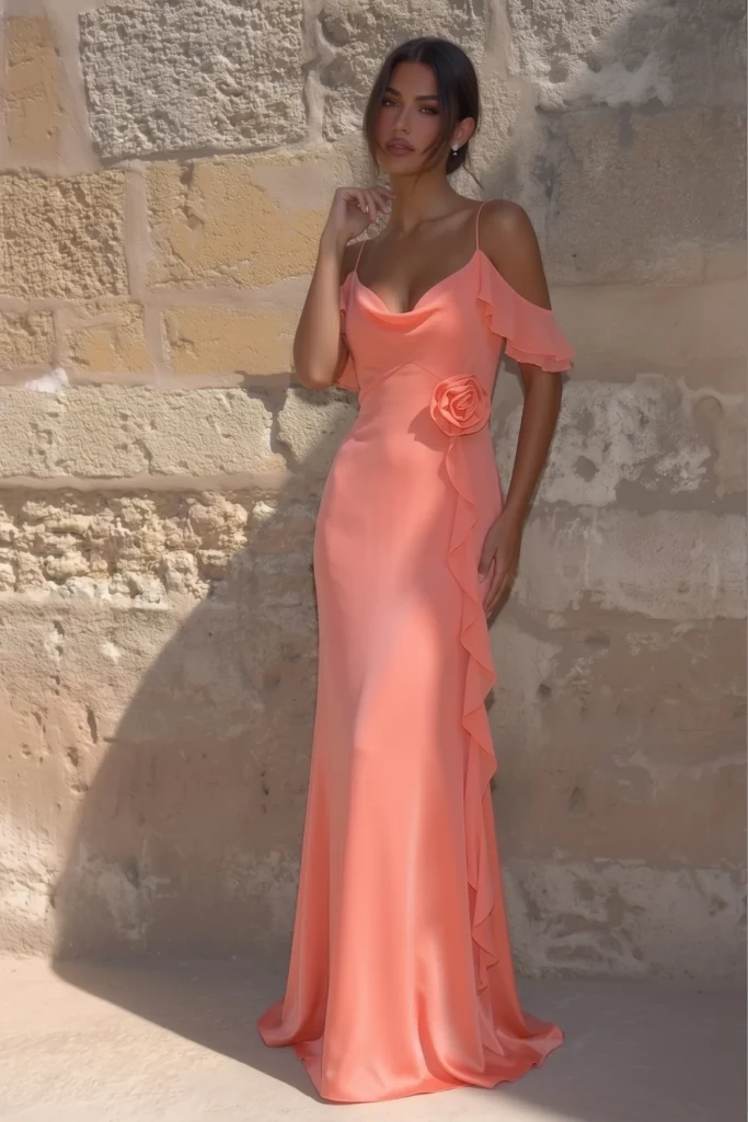 Elegant coral garden wedding guest dress, spaghetti straps, draped cowl neck with a fabric rosette, fluttering cold-shoulder ruffle sleeves and a sleek floor-length skirt, cascading ruffle detail